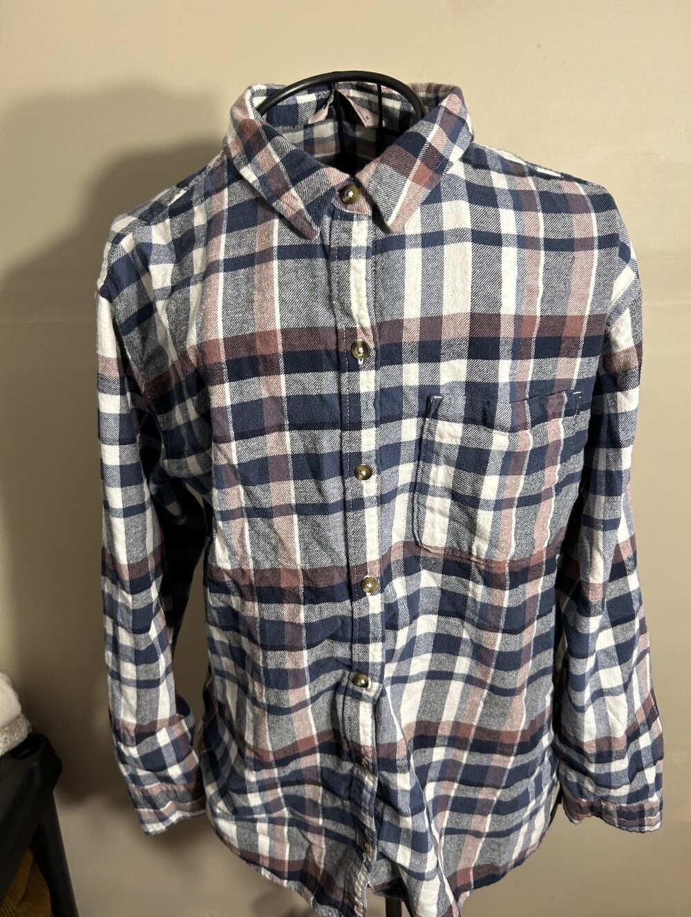 womans size medium long sleeved shirt top flannel blue brown button gorpcore